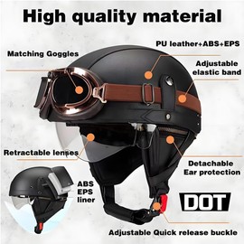 German Style Motorcycle Helmets, Retro Leather Half Helmet, DOT Approved Adult Men Women Vintage Half Face Helmet, with Goggles, for Moped Bike Cruiser Scooter Chopper (Black, L)