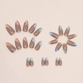 JUSTOTRY 24 Pcs Coloured Swirl Almond Short False Nails,Rainbow Press on Nails Pattern,Glossy French Fake Nails Short,Oval Stick on Nails for Women and Teens,Medium Glue on Nails for Nails Art