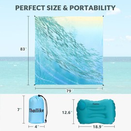 Beach Blanket, Waterproof Sandproof Beach Mat with Stakes and Inflatable Camping Pillow, 79" X 83" Quick Drying Lightweight & Durable Outdoor Picnic Mat with 4 Corner Pockets for Beach Camping