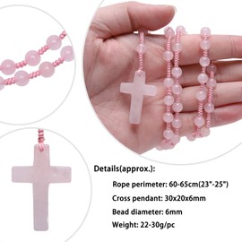 Nupuyai Rose Quartz Crystal Stone Bead Cross Pendant Necklace for Men Women, Catholic Rosary Hand Knotted Necklace 62cm