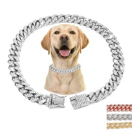 Silver Puppy Chain Collar with Sparkly ，Bling Diamond Metal Cuban Link Dog Collars, Rhinestone Glitter Puppy Necklace for Small Medium Large Pet Dogs Cats，10 inch
