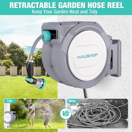 HAUSHOF Retractable Garden Hose Reel 1/2” x 130 ft, Auto-Lock at Any Length, Slow Return System, Wall Mounted and 180° Swivel Bracket for Outside Water