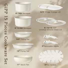 GiPP Ceramic Pots and Pans Set Non Stick, Nonstick Detachable Handle Cookware Sets, Healthy Non Toxic PFAS PFOA & PTFE Free, Dishwasher ＆Oven Safe, Induction Kitchen Pot and Pan, 15 Piece Cream