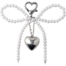 88flix Key Chain Pearl Charm Heart Charm Pearl Ribbon Silver Stylish Smartphone Charm, Silver