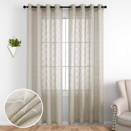 Brown Curtains 84 Inches Long for Living Room Decor Set of 2 Diamond Quatrefoil Trellis Pattern Light Filtering Semi Sheer Linen Textured Moroccan Embroidered Curtains for Bedroom 84 Length Taupe