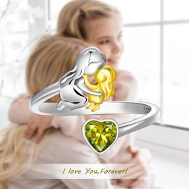 Qings August Peridot Birthstone Ring 925 Sterling Silver for Mother Daughter Heart Birth Stone Mom Adjustable Open Ring