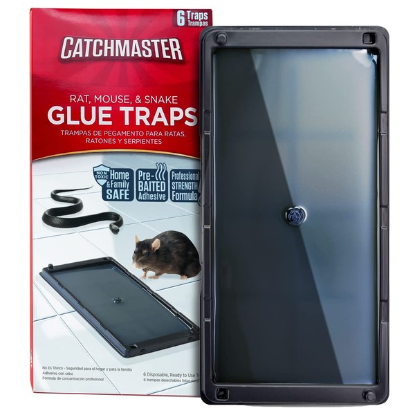 Catchmaster Rat & Mouse Glue Traps 6Pk, Large Bulk Traps, Indoor for Home, Pre-Scented Adhesive Plastic Tray Inside House, Snake, Mice, Spider Pet Safe Pest Control