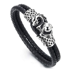 COOLSTEELANDBEYOND Punk Stainless Steel Dragon Ball and Double Row Black Braided Leather Bracelet, Men's Wrap Sweatband, Leather, Non-applicable
