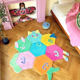 Hexagon Modular Rug Tiles 5-Piece Set and 7-Piece Set, Colorful Washable Area Rug with Non-Slip Backing, Creative Mix & Match Floor Rug for Bedroom, Playroom (Hexscape – 7 Tile Set A)