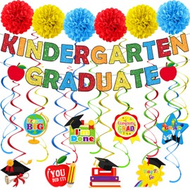 Kindergarten Graduation Party Decorations 2025 Kindergarten Graduation Banner Colorful Congrats Grad Hanging Swirl for Pre-Elementary Celebration Class of 2025 Ceremony School Party Supplies