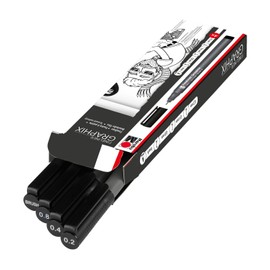 Marabu 0146000000101 - Fineliner Graphix, 4 Stifte in schwarz mit Strichstärken 0,2 mm, 0,4 mm, 0,8 mm und brush, brillante Farbe, wasserbasierte Pigmenttusche, metallgefasste Kunststoffspitze