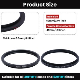 Metal Step-Down Ring Filter Adapter - 52 mm to 49 mm - Metal Ring Step-Down Adapter for Filter, Compatible with All 49 mm UV, CPL, ND Filters, Lens Hoods, Threaded Lenses etc