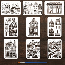 FINGERINSPIRE Set of 9 city and village architecture stencils with 1 x brush, 21 x 29.7 cm, pattern stencils for city buildings, city and country scenes, template for DIY, crafts, furniture, wall