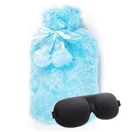 Wärmflasche mit Bezug, 2 l, Naturkautschuk, 2 l, perfekter Wärmbeutel zur Schmerzlinderung, Hand-Fußwärmer plus 3D-Schlaf-Augenmaske (cremefarbene Flasche mit meerblauem Bezug)