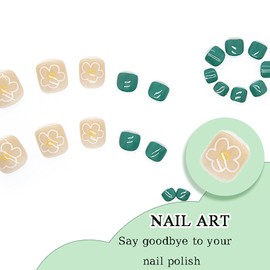 Press on Toenails - Green Press-on Pedicure Gel Nails with Flower Design, Glossy Press Toe Nails Reusable French Nail for Toe, Glue on Acrylic Fake Nails for Women, 24PCS