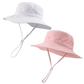 PEECABE Baby Sun Hat Summer Sun Protection Toddler Bucket Hat Wide Brim Adjustable Chin-Strap Beach Cap (CA/US, Age, 0 Months, 6 Months, White+Pink)