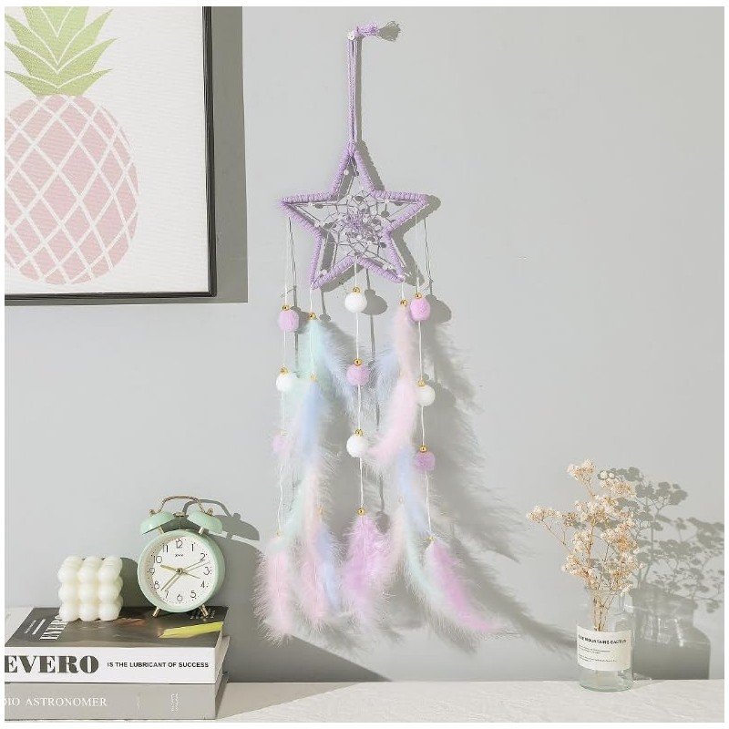 Dream Catcher Wall Decor - Handcrafted Feather Woven Pendant, Pompom