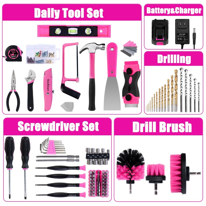 ThinkLearn Tool Kit with 20V Cordless Drill(265in-lbs), Pink Drill Set