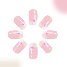 French Press on Nails Short Square Fake Nails with Glitter Designs Cute Flower Stick on Nails Nude Pink False Nails Spring Floral Artificial Nails Full Cover Glue on Nails for Women Manicure 24Pcs