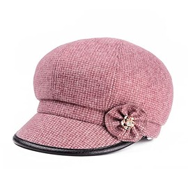 Xilery Women's Cotton Wool Blend Winter Warm Newsboy Cap Berets Hat with PU Leather Front (One Size, Pink)