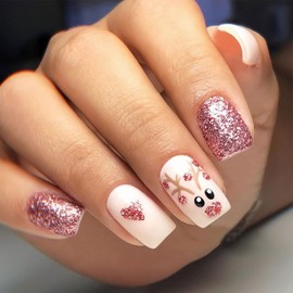Christmas Press on Nails Medium Square Cute Deer Fake Nails, Pink Glitter Heart Acrylic Nails, White Glossy False Nails Kits Salon Quality Winter Stick Glue on Nails Tip 24 Pcs
