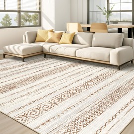 Area Rug Living Room Rugs - 8x10 Washable Boho Farmhouse Bohemian Neutral Large Moroccan Geometric Soft No Slip Indoor Thin Floor Carpet for Bedroom Under Dining Table Home Office -Square Brown