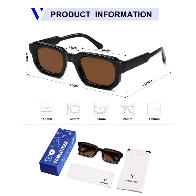 VANLINKER Retro Small Chunky Rectangle Sunglasses for Men Women Vintage