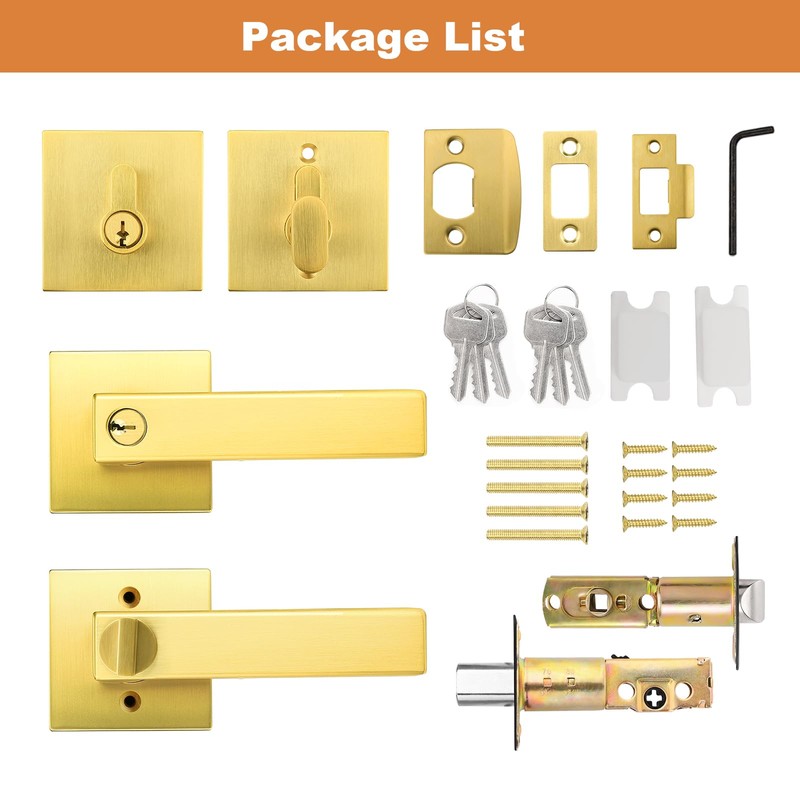 Probrico Brushed Gold Exterior Door Locksets, Heavy Duty Square Keyed