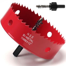 114mm Hole Saw, HSS Bi-Metal Hole Cutter with Drill Bit, Heavy Duty Hole Saw for Wood, Plastic, Drywall, Fiberglass, Red