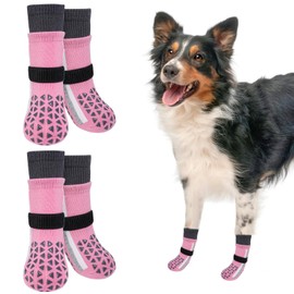 SCENEREAL Anti Slip Dog Socks for Hot Pavement to Prevent Licking Paws, Long Sporty Style Reflective Dog Grip Socks for Hardwood Floors, Dog Shoes Booties&Paw Protector for Large Senior Dog, Pink L