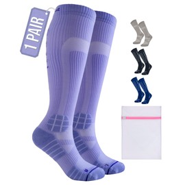 360 RELIEF 1 Pair Compression Socks for Women & Men - 15-20 mmHg, Enhanced Cushioned Fit, Soft & Breathable for Sports, Travel, Running, Pregnancy, S/M, Purple + Laundry Bag