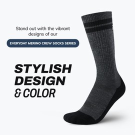 Outway Everyday Merino Wool Crew Socks, Moisture-Wicking Athletic Calf Socks with Arch Support Merino Wool Socks for Women and Men, Size S/M - Smoke