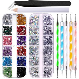 2 Boxes Flatback Rhinestones with Nail Dotting Tools, Wax Pencil for Face Gems Rhinestones, Nail Art Tools Design Kit, Crystal Jewel Diamond for Crafts Makeup Bedazzling DIY Nail Art (Multicolor)