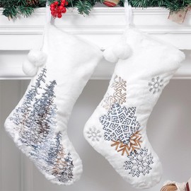 AOTOPYU 2 Pieces White Christmas Stocking Set for Fireplace, Christmas Tree Bag Candy Gift, Christmas Decorations for Home Snowflake and Forest 46 cm