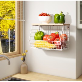 White Fruit Bowl Wire Basket Storage Pantry Fruit and Vegetable Storage Fruit Basket for Kitchen Counter Stackable Wall Mounted Hanging Basket Wire Basket with Wood Lid with Hanger Hooks