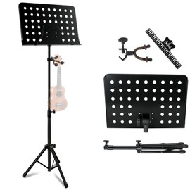 EASTROCK Metal Sheet Music Stand with Violin Ukulele Hanger Holder – Adjustable Music Stand, Professional Music Book Holder, and Sheet Music Clip