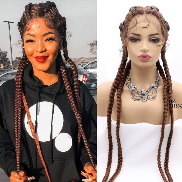 Xiweiya Wigs Copper Brown 4 Twist Braids Mixed Blodne Brown Braided Wig With Baby Hairs 1B/30# Lace Front Wig Cornrow Wig Long Braiding Wigs 36 Inch for Black Women
