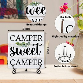 Camping Gifts for Women, Rustic Camping Decor, Camper Sweet Camper Wooden Sign with Stand, Birthday Gifts for Men Friends, Farmhouse Desk Decorations for Kitchen Shelf Table, 5"x5"-A10