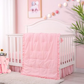 Cloele 3 Pieces Crib Bedding Set Standard Size Baby Bedding Set - Solid Ruffle Quilted Set Includes Comforter Fitted Sheet Crib Skirt for Girls - Cute Ruffled Nursery Set Baby Crib Set Pink
