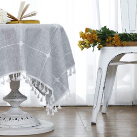 LUCKYHOUSEHOME Cotton Linen Checked Lattice Small Square Tablecloth Embroidery Tassel Table Cover for Home Dinning Tabletop 35x35 Inch(90x90cm), Gray