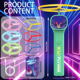 LUKIUP Electric Flying Disc Launcher, 3 Normal and 3 Fluorescent Discs Flying Saucer Launcher, Propeller Toy Children from 4 5 6 7 8, Outdoor Garden Toy for Children (Green)