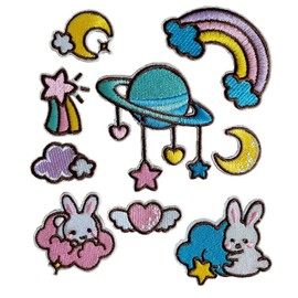 9PCS Cartoon Rainbow Stars Moon Kawaii Iron On Patch, Embroidered Sew On Patches for Girl Skirt Dress Kid's Bag T-Shirt Craft Clothes