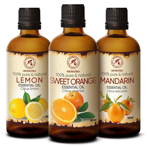 Essential Oils Set 3 x 100 ml - Lemon Oil - Orange Oil - Mandarin Oil - Aromatherapy Gift Set - Pure Citrus Oils for Diffusers and Oil Burners - Oils for Soap Making - Oils for Candles