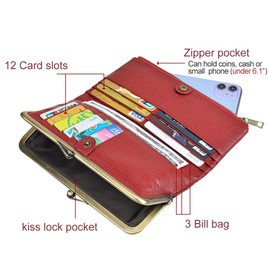EASTNIGHTS Rfid Blocking Wallets for Women Leather Clutch Wallet Bifold Credit Card Holder Ladies Coin Purse with Zipper and Kiss Lock (Wine Red)