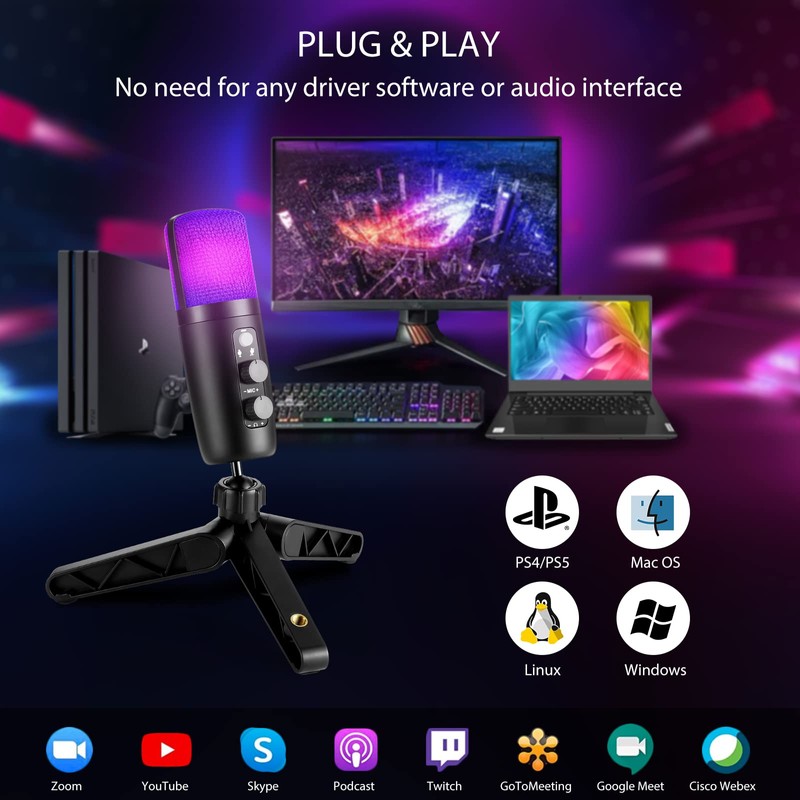 Micrófono Condensador USB+Tipo C, Micrófono de Computadora RGB con Filtro