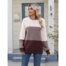 Zeagoo Womens 2025 Cute Sweaters Soft Crewneck Long Sleeve Color Block Fall Sweaters Casual Knitted Oversized Pullover Tops