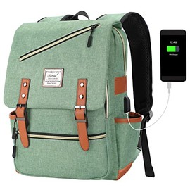 Mecrowd Vintage Laptop Backpack with USB Charging Port, School College Backpack for Students Fits up to 15.6 Inch Laptop Computer Backpack Casual Rucksack for Men Women (Green)
