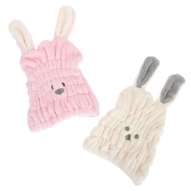 FRCOLOR 2pcs Coral Fleece Hair Drying Caps for Women Quick Absorbent Bathing Caps with Cute Cartoon Rabbit Ears Lightweight Soft Hair Towels for Home and Travel Bath Supplies