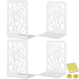 Qualsen 4 Pieces Book Ends, Tree and Bird Bookends, Book Ends for Shelves, Duty Metal Bookend，Book Stopper for Home Office Desk, Back to School Supplies (White)