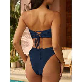 ZAFUL Women Strapless Textured Bandeau Bikini 2 Piece Swimwear Cheeky Solid Lace up Bathing Suits(1-m Navy Blue,S)